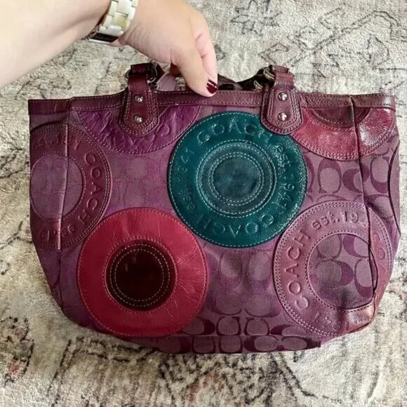 Coach East West Circle Patchwork Zip Tote Shoulder Bag Purple Leather Canvas - Picture 7 of 12